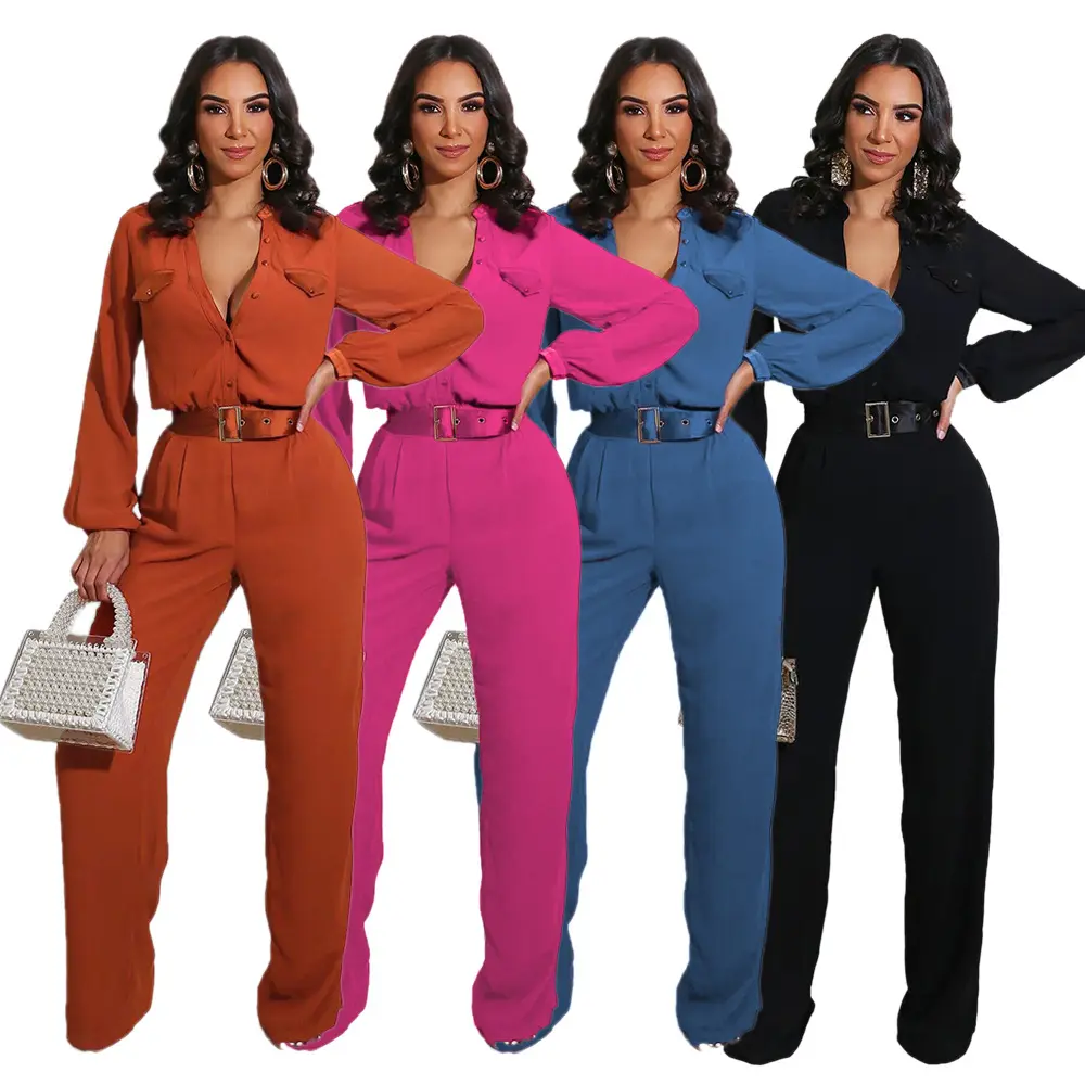 Fashion Casual Turn-Down Collar Jumpsuit Pants Loose Fitting Women Solid Color Long Sleeve Jumpsuit Without Belt