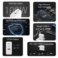 Chargeur rapide USB-C GaN 100W PD QC3.0 3 ports 2C1A Ignifuge pour ordinateur portable et téléphone Adaptateur secteur prise EU