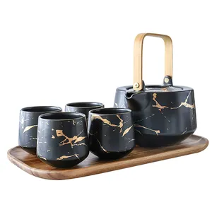 Thuisgebruik Japanse Stijl Marmering Porseleinen Set Theepot Kopjes Pot Schotel Sets Keramische Thee Set