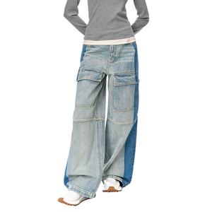 Pantalones Vaqueros Cargo Personalizados con Múltiples Bolsillos para Mujer, Estilo Urbano, Azul Claro, Holgados, Vintage, Desgastados, de Algodón Lavado - Product Image 1