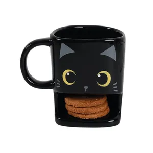 250ml simpatico animale nero ceramica latte tè tazza di caffè gatto biscotto tazza con porta biscotti