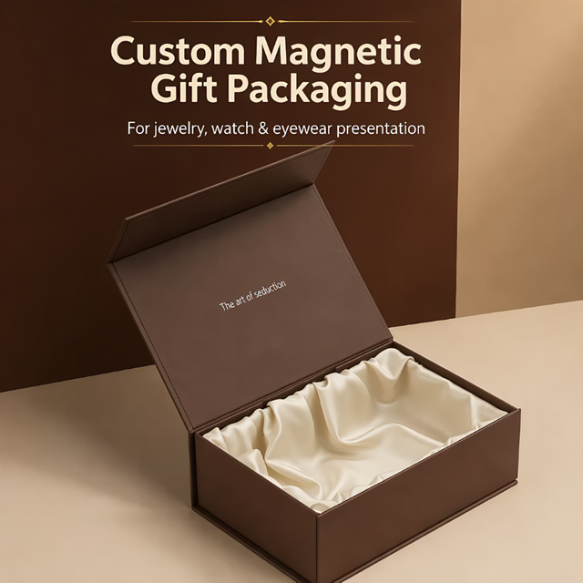 Custom Brown Folding Magnetic Box Rigid Packaging Jewelry Paper Package Boxes with Satin Lining and Embossed Pattern Wholesale