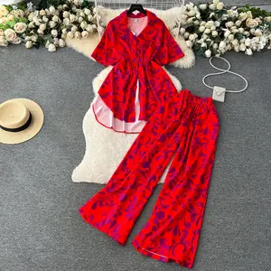 Women Fashion Leopard Print Retro Two Pieces Set Irregular Shirt Top High Waist Wide Leg Pants 2 Piece Set