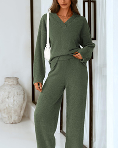 Nuovo Set Loungewear da <span class=keywords><strong>Donna</strong></span> in Due Pezzi, Top Oversize con Scollo a V e Maniche Lunghe + <span class=keywords><strong>Pantaloni</strong></span> a Gamba Larga, Morbido e Traspirante, Completo Casual - Product Image 3