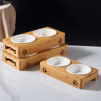 Bol double en céramique pour chat et chien, support antidérapant en bambou, table à manger, protection des vertèbres cervicales, fournitures pour animaux de compagnie