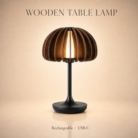 Lampe de table LED d'ambiance sans fil rechargeable à intensité variable en continu, avec abat-jour en bois naturel nordique et base en fer mat, pour chevet et salle à manger