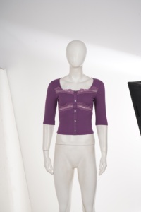 Haut en tricot côtelé élégant à col carré et bordure en dentelle violette, manches 3/4, coupe ajustée, boutonné sur le devant, pour femme, usage quotidien - Product Image 6