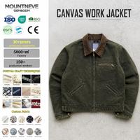 Veste de travail pour homme en toile de canard épaisse délavée style vintage, col en velours côtelé, fermeture éclair en laiton, poignets à boutons-pression, poche poitrine, taille ajustable, streetwear