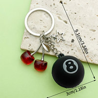 Porte-clés de billard 8 boules en gros d'usine avec breloque cerise et étoile, pendentif élégant en résine, anneau porte-clés en métal pour cadeau ou accessoire