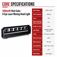 Luz Láser de Cabeza Móvil RGB de 6 Ojos a Todo Color, Barra Láser Roja de 500mw, Iluminación DMX para Escenarios, Bodas, Espectáculos y Discotecas