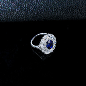925 Sterling Silver Lab Created Sapphire Oval Cut Double Halo <b>Statement</b> <b>Ring</b> - Product Image 2