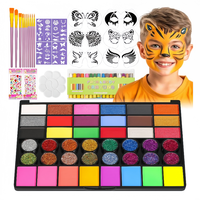 Alat cat wajah anak 42, tidak beracun warna cat wajah 16 krayon 6 dapat dipakai ulang 40 stensil lengket untuk cat wajah Halloween