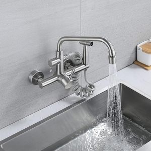 <span class=keywords><strong>Robinet</strong></span> de cuisine mural, <span class=keywords><strong>robinet</strong></span> d'eau froide et chaude 360° °   avec pistolet pulvérisateur, évier en acier inoxydable 304, multifonctionnel, brossé - Product Image 3