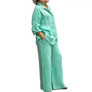 GX5051 솔리드 트렌드 가을 패션 여성 의류 공급 업체 숙녀 스트리트웨어 긴 소매 셔츠와 바지 매칭 정장 2 종 세트