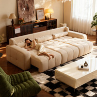 Sofá Cama Eléctrico Artesanal de Tela y Cuero con Estructura de Madera, 2 Plazas, Multifuncional, Estilo Crema, Extensible para Sala de Estar