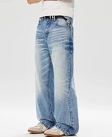 Pantalon long en denim bleu clair délavé, coupe droite, taille mi-haute, coupe en A, résistant, anti-poils de chat, poids moyen américain 14 oz, coupe ample