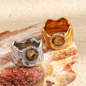 Stainless Steel Hammered Wide Band <b>Ring</b> 18K Gold Plated Citrine Zircon Vintage <b>Statement</b> Finger <b>Ring</b> For Women Jewelry Gift - Product Image 6