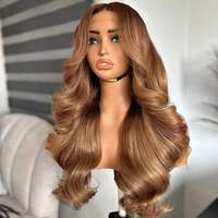 Perruque Lace Frontale Ondulée Blond Miel avec Mèches, Perruque Longue Ondulée en Cheveux Humains Doux et Soyeux