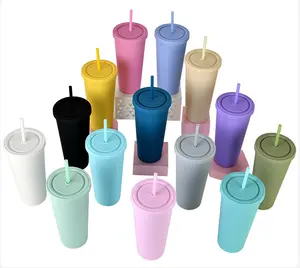 Toptan özel Logo yeni 16oz 24oz akrilik Tumblers mat çift duvar su bardağı kahve mat plastik bardak kapaklı