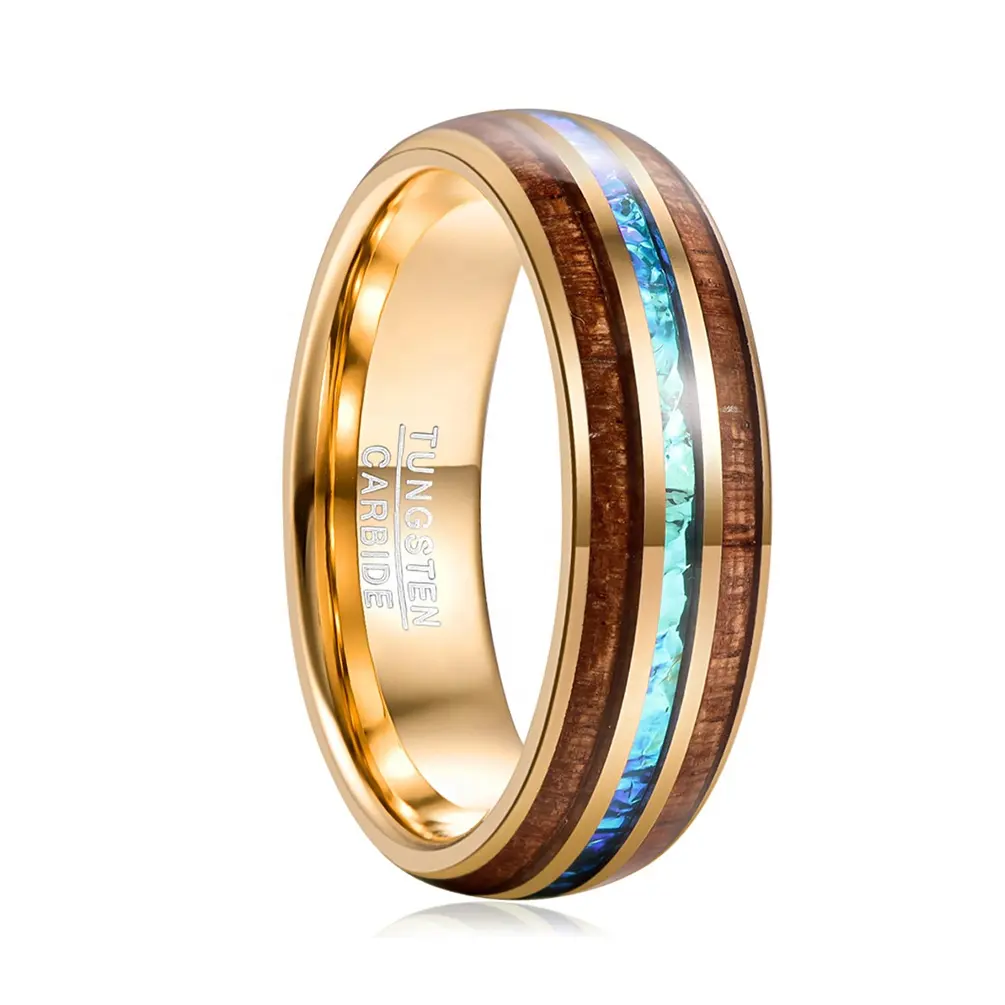 Alin perhiasan 6mm berkilau berlapis emas cincin Tungsten penjualan laris kayu Koa dan Opal Inlay cincin pernikahan Tungsten