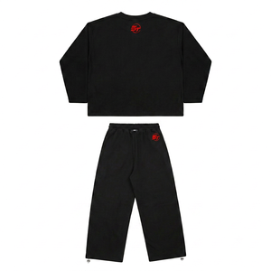 Conjunto Deportivo Transpirable Negro de Cinco Hilos, Top de Manga Larga con Cuello Redondo y Pantalones con Cordón, Ropa Casual para Hombre de Color Sólido - Product Image 2