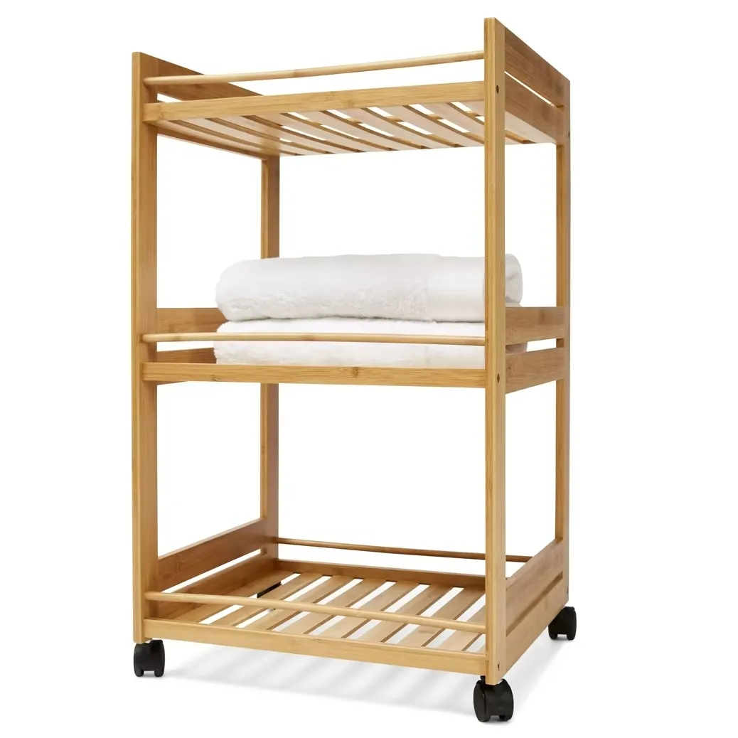 Sale Competitive Price 3 Tiers Kitchen Bathroom Portable Bamboo Serving Trolley Rolling Utility Cart Organizer with Wheels