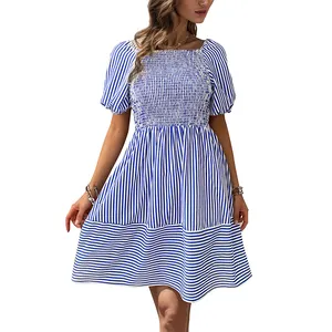 Japanese And Korean Style Blue White Striped Square Neck Short Sleeved Spring/Summer fashionable Elegant Midi Dress