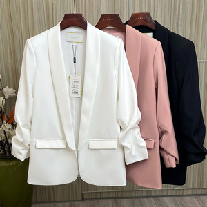 <strong>Ladies</strong> 3/4 Ruched Sleeve Open Front Blazer Casual Lightweight Office <strong>Suit</strong> Jacket Elegant Women Business Workwear Blazer - Product Image 6