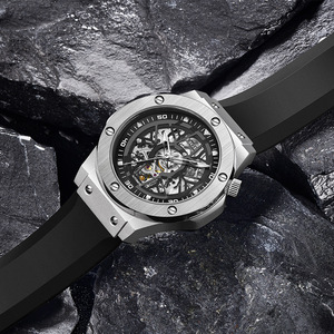 LIGE Men's <b>Automatic</b> Mechanical <b>Skeleton</b> <b>Watch</b> Stainless Steel Case 43mm Glass 20mm Luxury Silver Black Silicone Strap 30Bar - Product Image 5