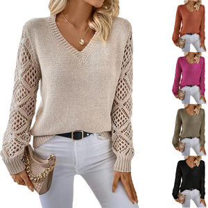 2024 primavera autunno maglioncino elegante in <span class=keywords><strong>maglia</strong></span> a maniche lunghe con scollo a V da <span class=keywords><strong>donna</strong></span> maglione casual Cashmere da <span class=keywords><strong>donna</strong></span> - Product Image 1