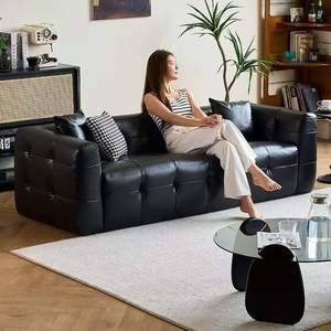 Minimalist Black Leather <b>Sofa</b> Straight Shape Tufted Design For Living Room - Product Image 3