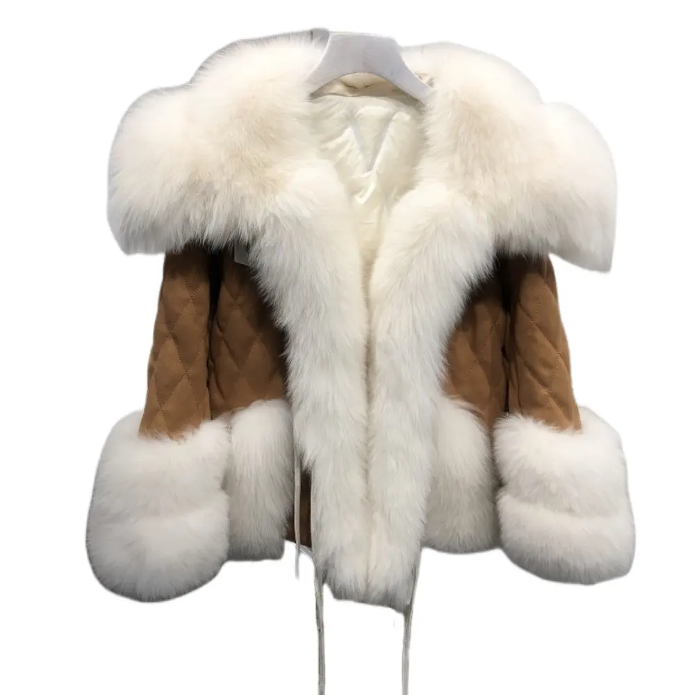 ファッションカジュアル女性卸売工場安い暖かい大きなキツネの毛皮の襟と袖口大きな襟キツネの毛皮のトリム服ダウンジャケット