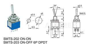 6-pin nhựa thu nhỏ chuyển đổi chuyển đổi phẳng đòn bẩy dpdt Chức năng vật liệu cao su dpdt hình thức liên lạc 3A Max. current 12V Max. - Product Image 6