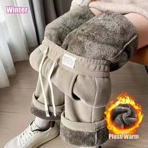 Leggings longs décontractés en velours côtelé épais respirant chaud pour femmes à taille haute avec cordon de serrage - Product Image 6