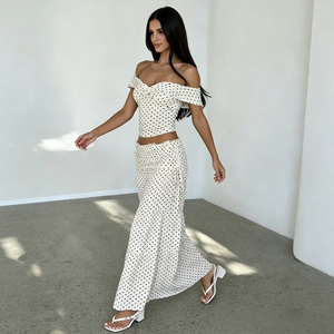 Ensemble 2 pièces pour femmes, haut à épaules dénudées à pois avec volants et jupe longue, tenue décontractée printemps-été - Product Image 5