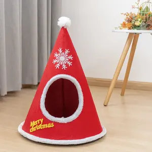 Noël Automne Hiver Chapeau En Forme Amovible Lavable Semi Fermé Pet Chat Lit Maison Chat Dôme