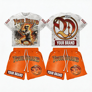 Conjunto de Camiseta y Pantalones Cortos de Algodón con Logotipo Personalizado, Estampado en Serigrafía, Lavado Ácido, Efecto Desgastado, Camiseta Blanca y Pantalones Cortos Naranja - Product Image 2