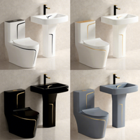Conjunto de Baño Moderno en Negro y Dorado, Inodoro de Una Pieza con Pedestal y Lavabo, para Instalación en el Suelo