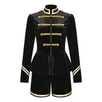 Ensemble uniforme en velours pour femme, veste peplum, short, garniture tressée dorée, costume de danseuse de fanfare pour Halloween