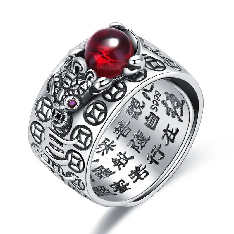 Chinese Lucky Money Rich Healthy Red Crystal Piyao Pi Yao Toad Ring Buddhism Jewelry Silver Plated Ruby Pixiu Open Rings For Men