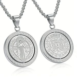 Collana Girevole con Ciondolo Personalizzato Creativo in Acciaio Inossidabile a Catena a Maglie, Stile Europeo Americano, San Benedetto Esorcista, da Uomo - Product Image 1