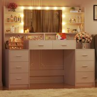 Table de maquillage, coiffeuse, grand modèle avec miroir et éclairage, blanc, 8 tiroirs et 6 étagères de rangement, ensemble coiffeuse avec éclairage et prise électrique