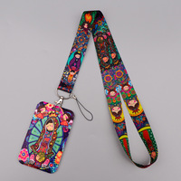Lanière colorée Notre-Dame de Guadalupe avec porte-carte d'identité, motif Vierge Marie de dessin animé, sangle de cou pour badge et porte-clés