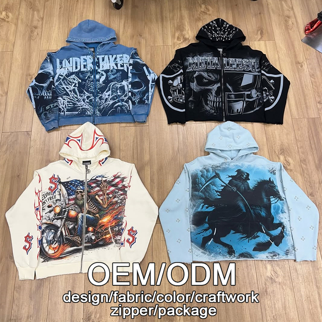 Men's Hoodie Unisex Factory Graphic Acid Wash Streetwear Oversized Heavyweight Cotton Hoody Distressed Zip up Custom DTG Hoodies