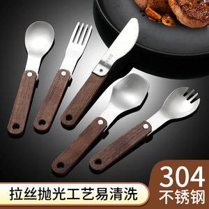 Folding Camping <b>Cutlery</b> <b>Set</b> Walnut Wood Handle 304 Stainless Steel Spoon Fork Knife <b>Portable</b> Outdoor Utensil Kit - Product Image 5