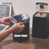 MONR Poubelle tactile durable en PP écologique, type induction, pour maison et bureau, avec couvercle en bois, poignée en caoutchouc, forme carrée, DIY