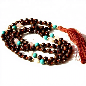 Collar de cuentas Mala de bronzita para hombre, 108 cuentas de turquesa africana y cuarzo rosa, atado a mano, para meditación y yoga - Product Image 2