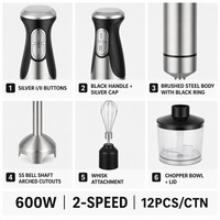 Ensemble de mixeur plongeant 600W 4 en 1, mixeur à immersion, corps en acier inoxydable, 2 vitesses, fouet double, bol, lame SS304, VDE