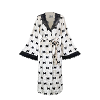 Robe de nuit de luxe en velours long avec dentelle et patchwork, col en V, fermeture à cordon, manches sexy à nœuds imprimés, grande taille, tenue d'intérieur