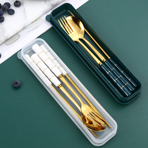 Juego de cubiertos de acero inoxidable con mango de cerámica, utensilio portátil para acampar al aire libre, para estudiantes y adultos - Product Image 2